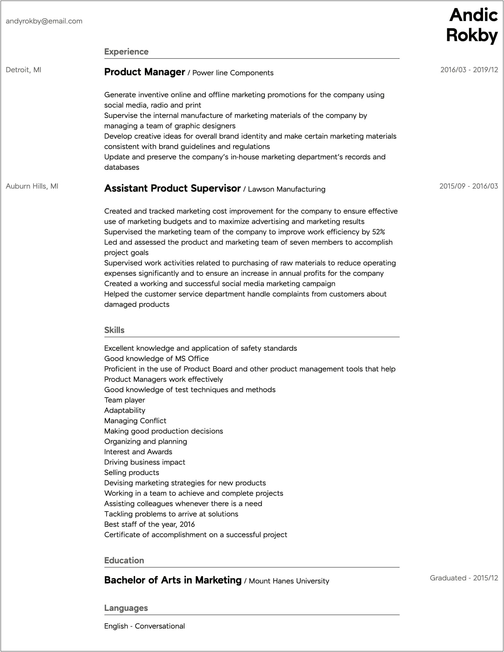 Product Manager Summary Line In Resume