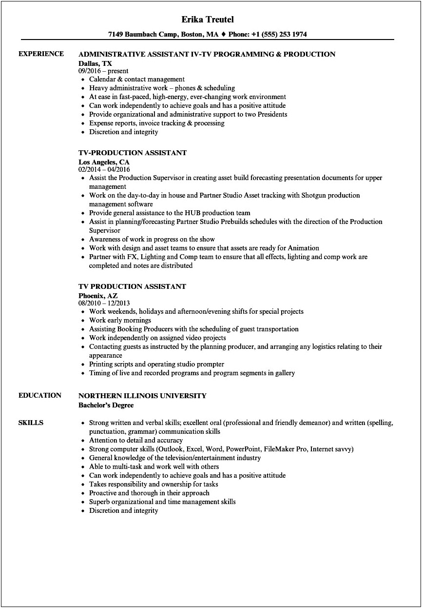 Production Assistant Resume Template No Experience