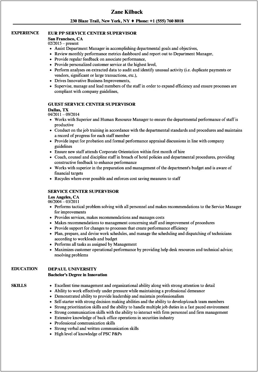 Production Call Center Supervisor Resume Examples