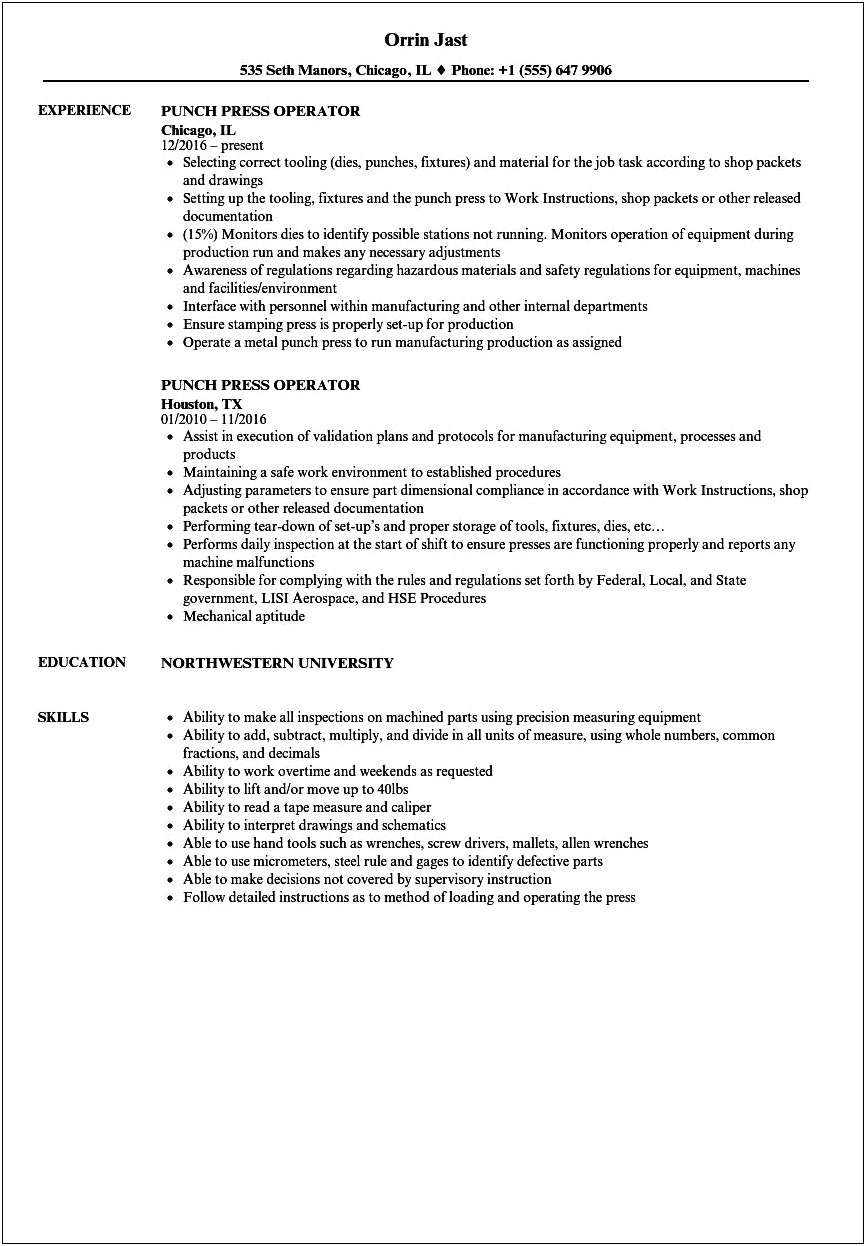 Production Manager Head Press Operator Resume