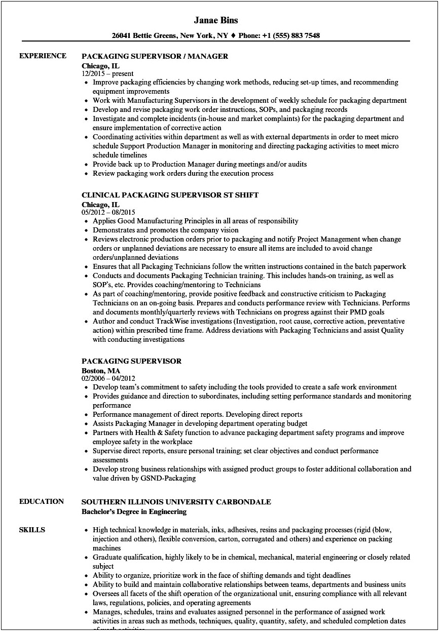 Production Packer Job Description For Resume
