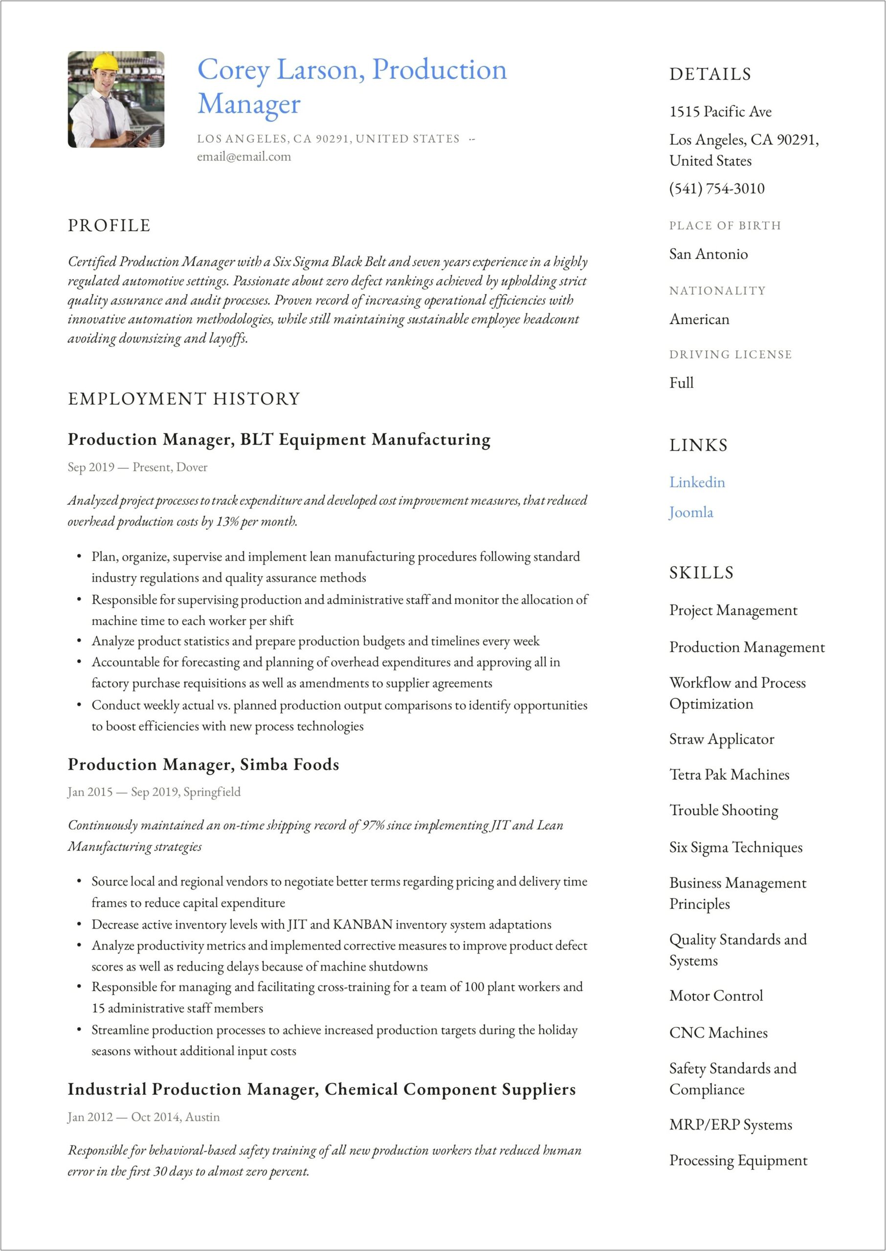 Production Planning And Control Manager Resume Pdf
