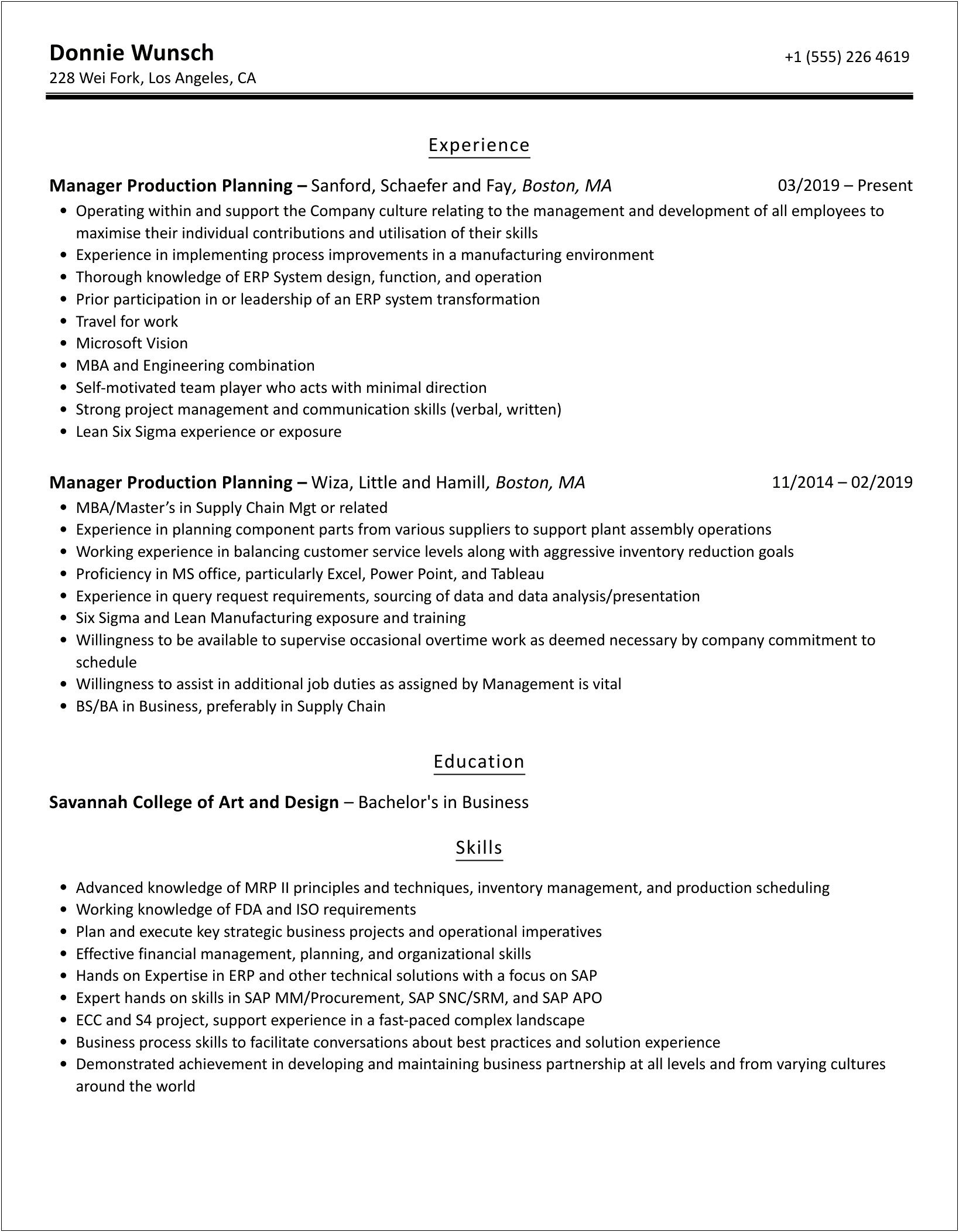 Production Planning And Control Manager Resume Samples