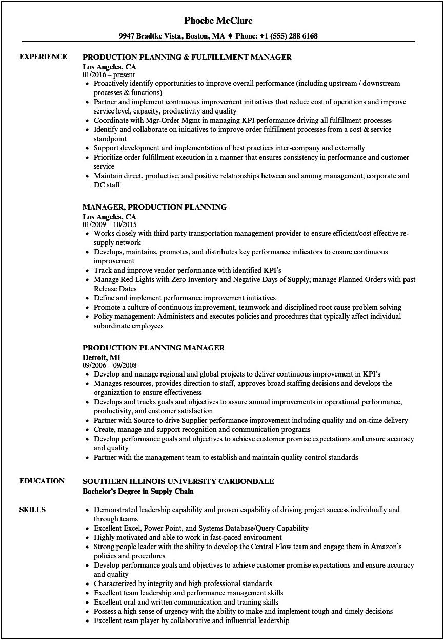 Production Planning And Control Resume Sample