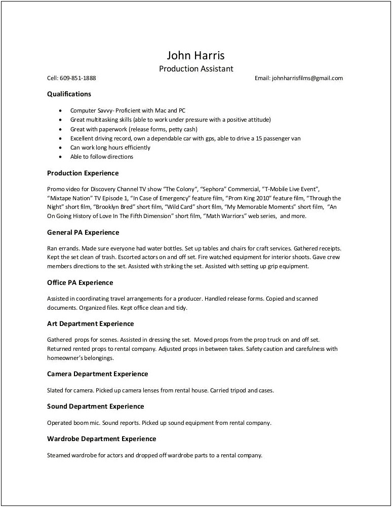 Production Staff Job Description For Resume