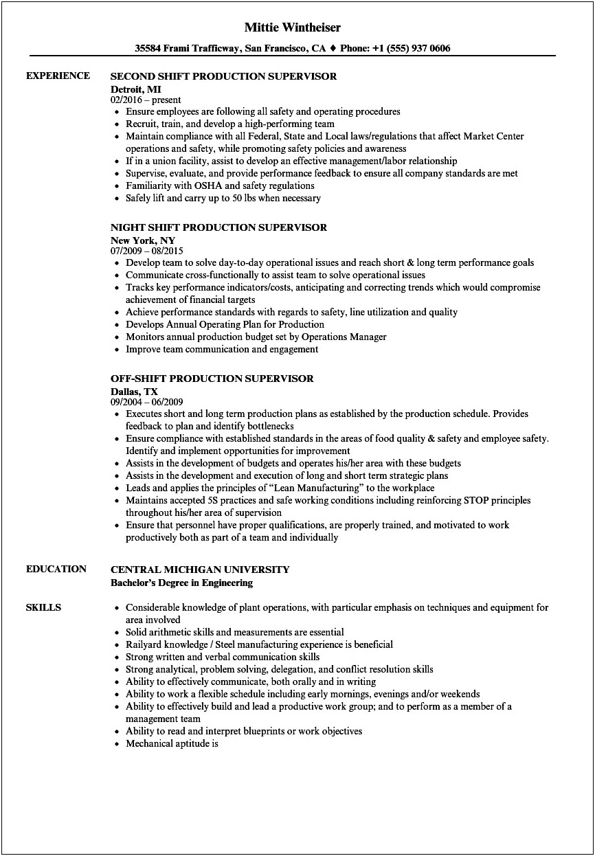Production Supervisor Resume Template Position Desired