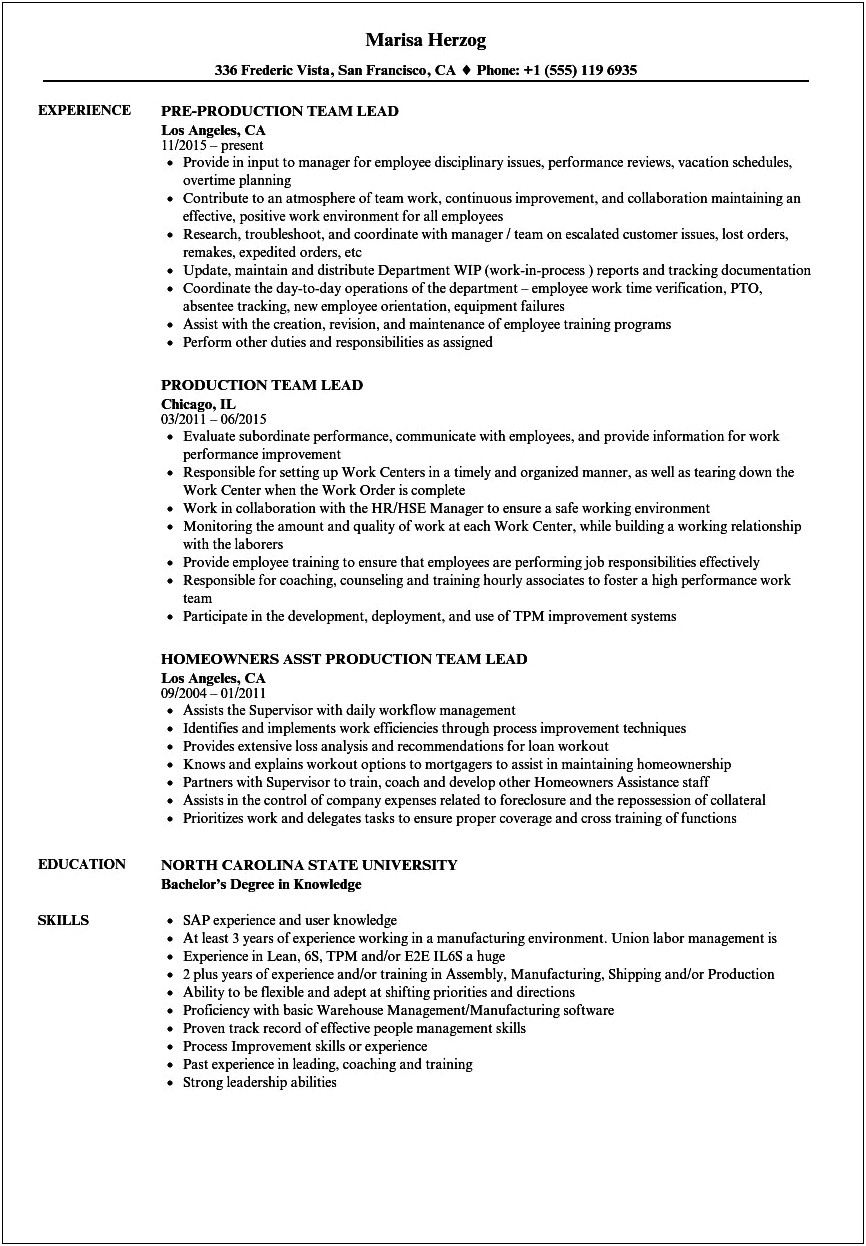 Production Team Leader Job Description For Resume