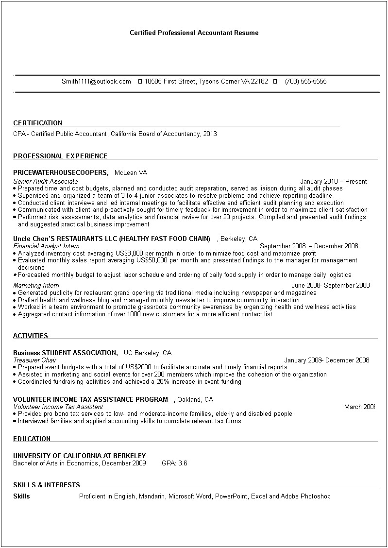 Professional Certified Public Accountant Resume Sample