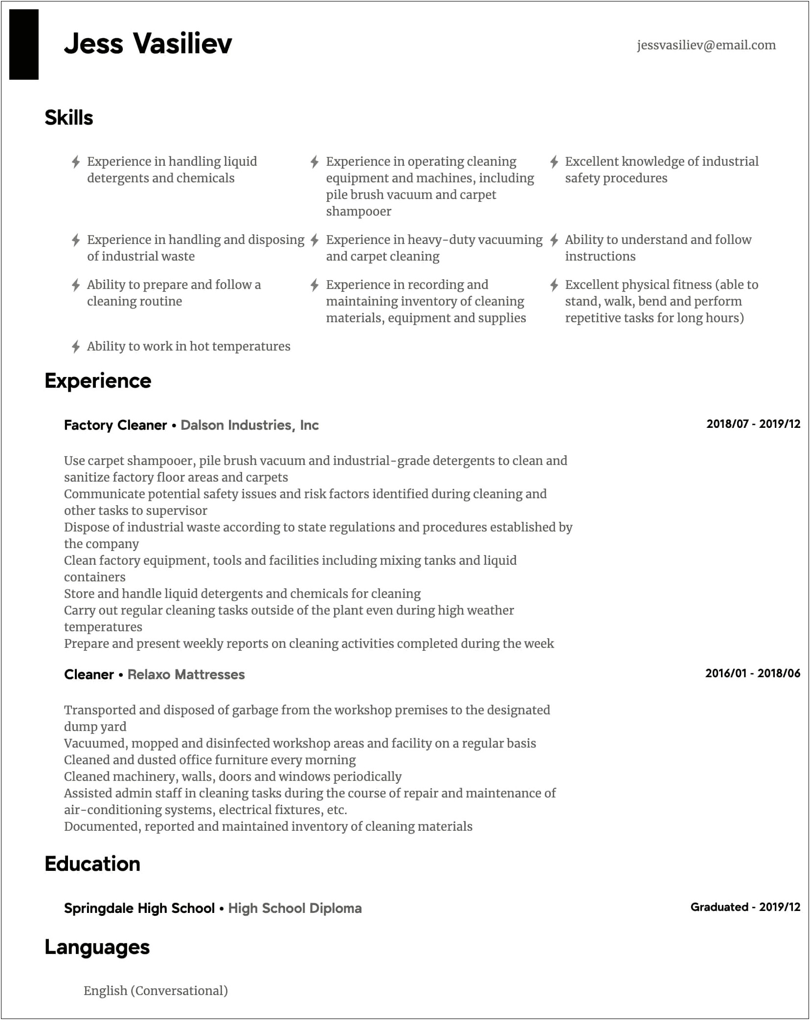 Professional Cleaning Job Description On Resume