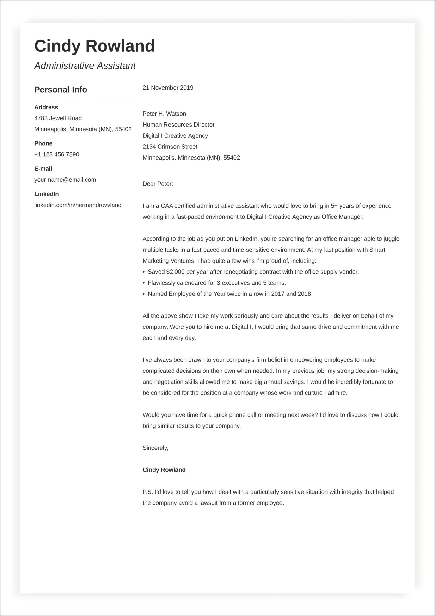 Professional Cover Letter For Resume Example