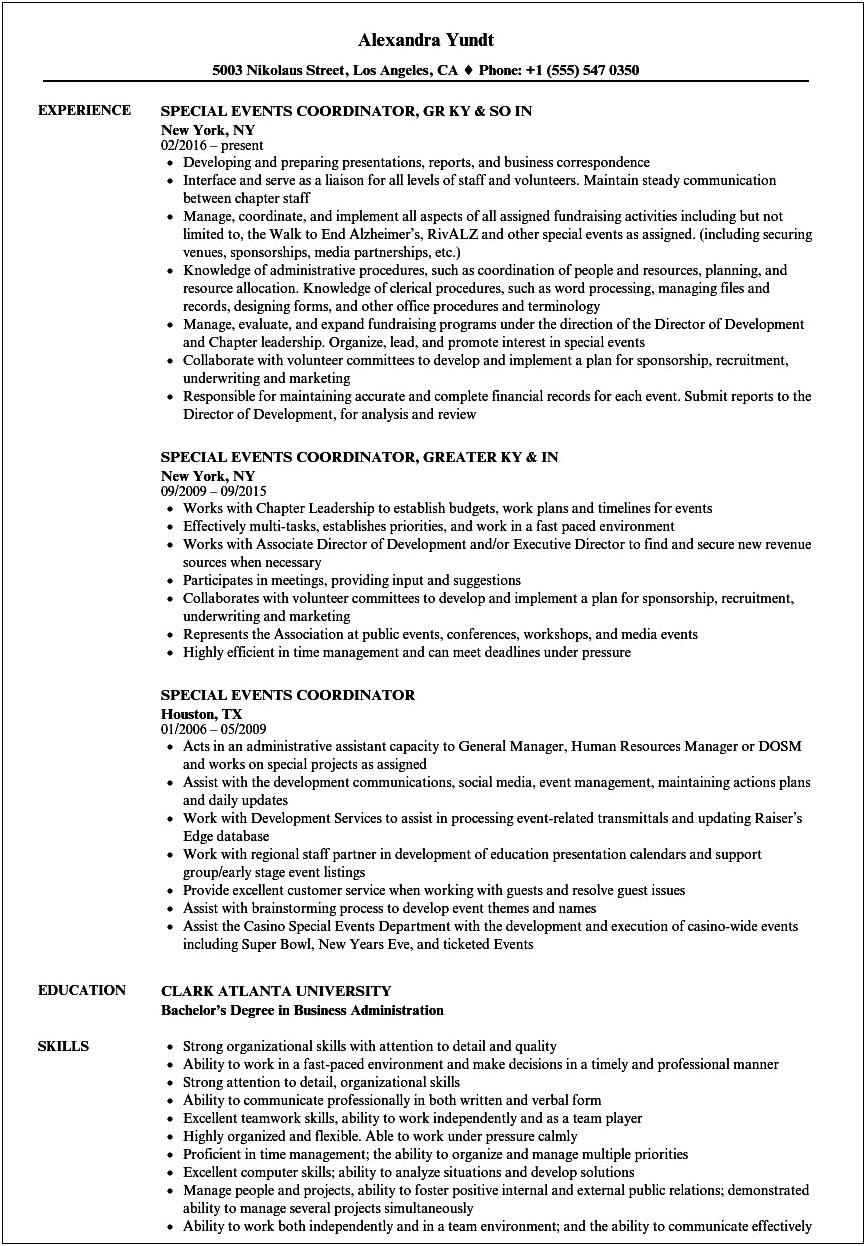 Professional Experience Public Relations And Event Coordinator Resume