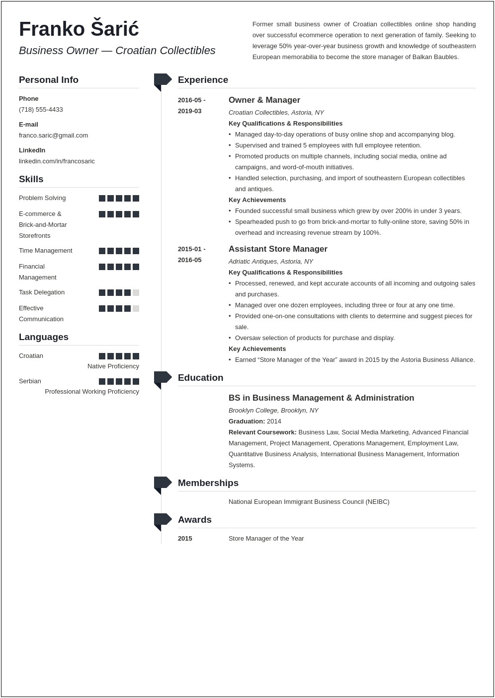 Professional Family Owned Resume Summary Sample