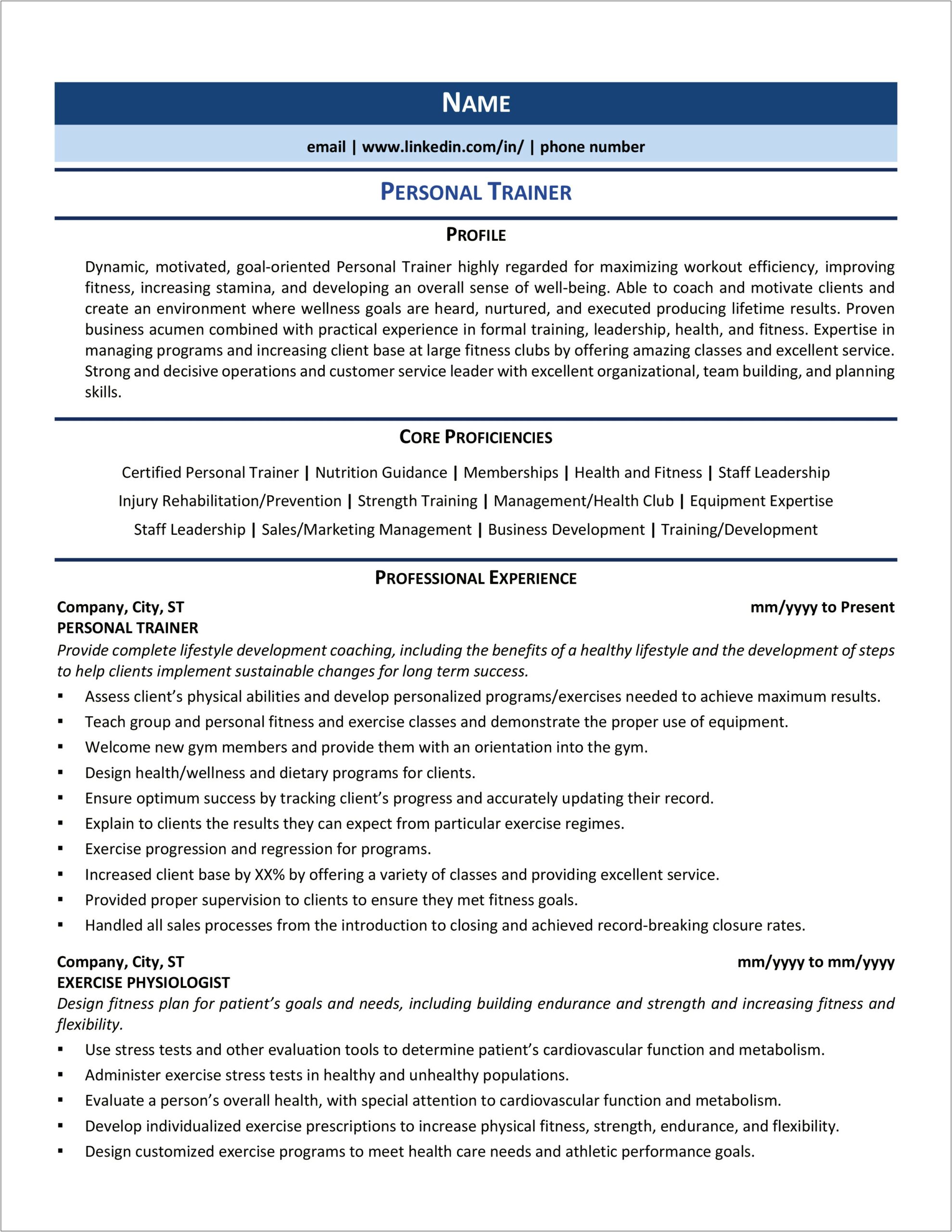 Professional Personal Fitness Trainer Sample Resumes