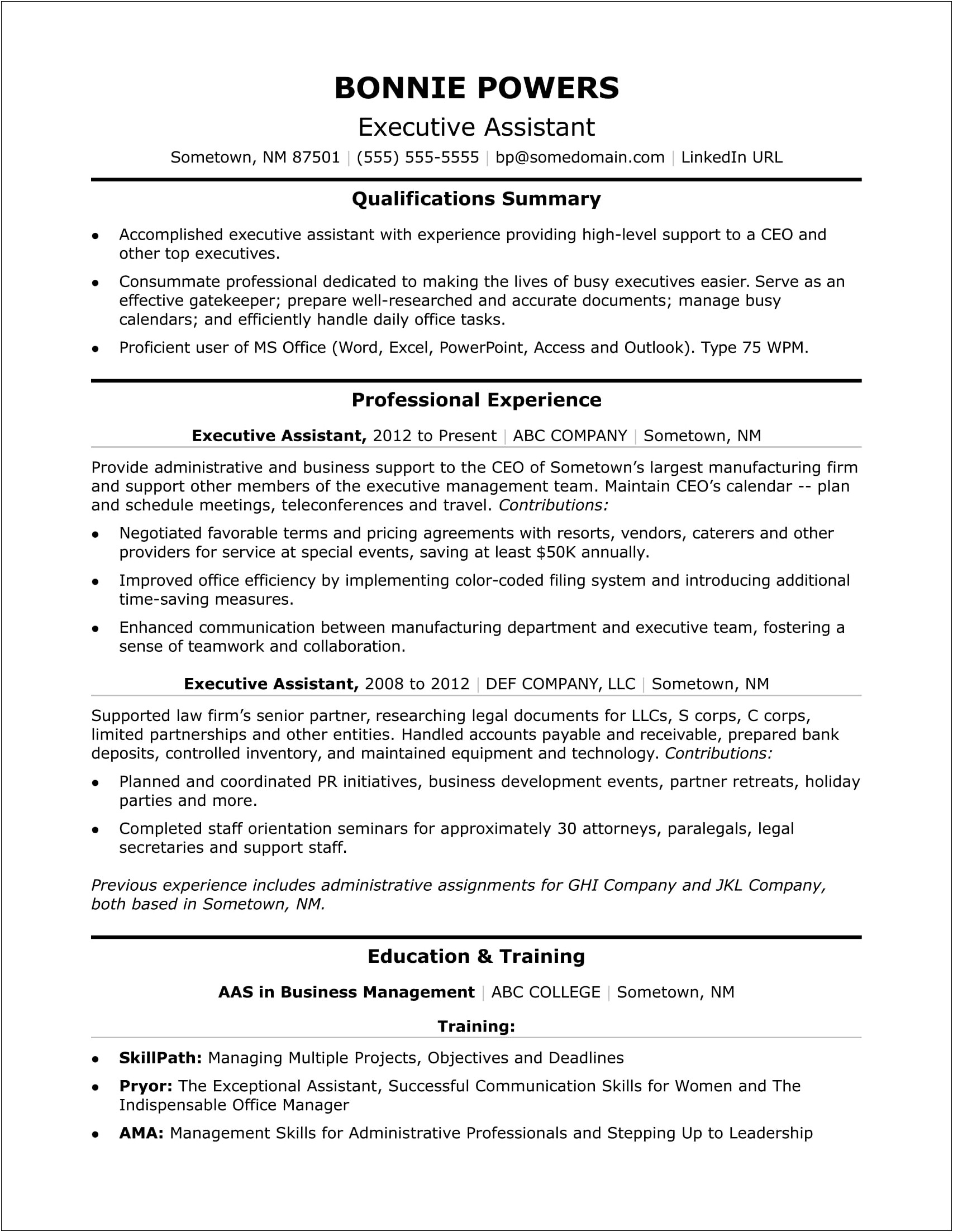 Professional Profile Examples For Resume Executive Assistant