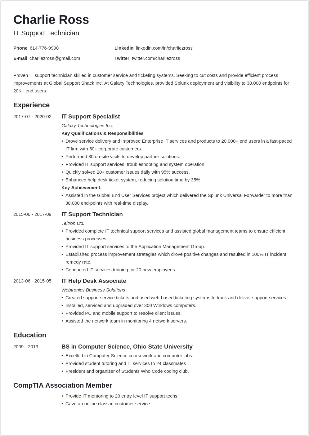 Professional Profile Sample For Resume It Technician Assistance