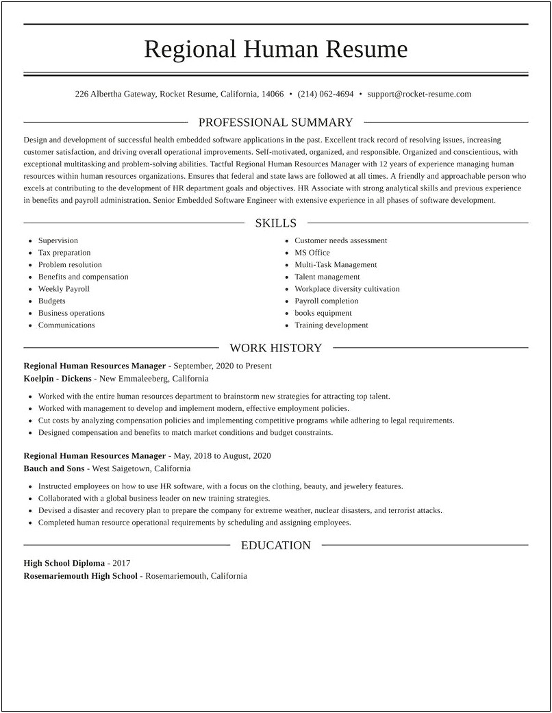Professional Resume For Human Resource Manager