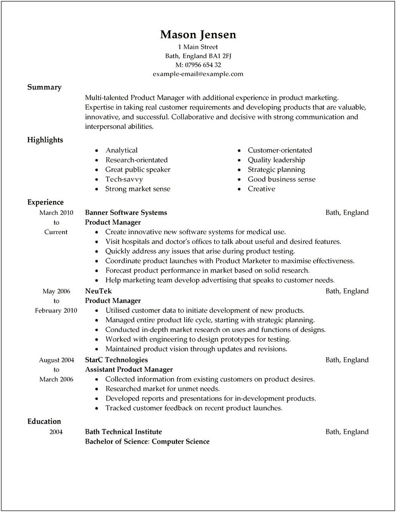 Professional Resume For Product Manager Sample