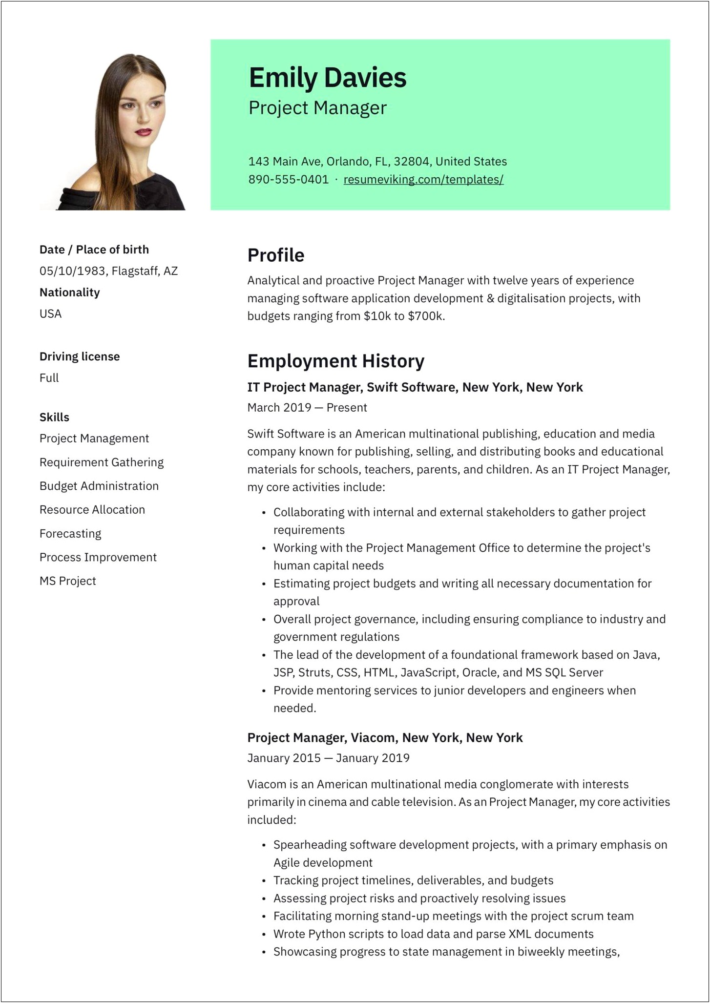Professional Resume Format For Project Manager