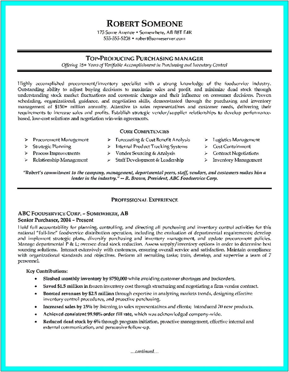 Professional Resume Format For Purchase Manager