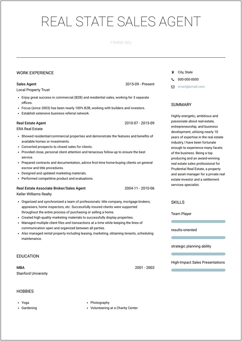 Professional Resume Of Sales Manager In Real Estate