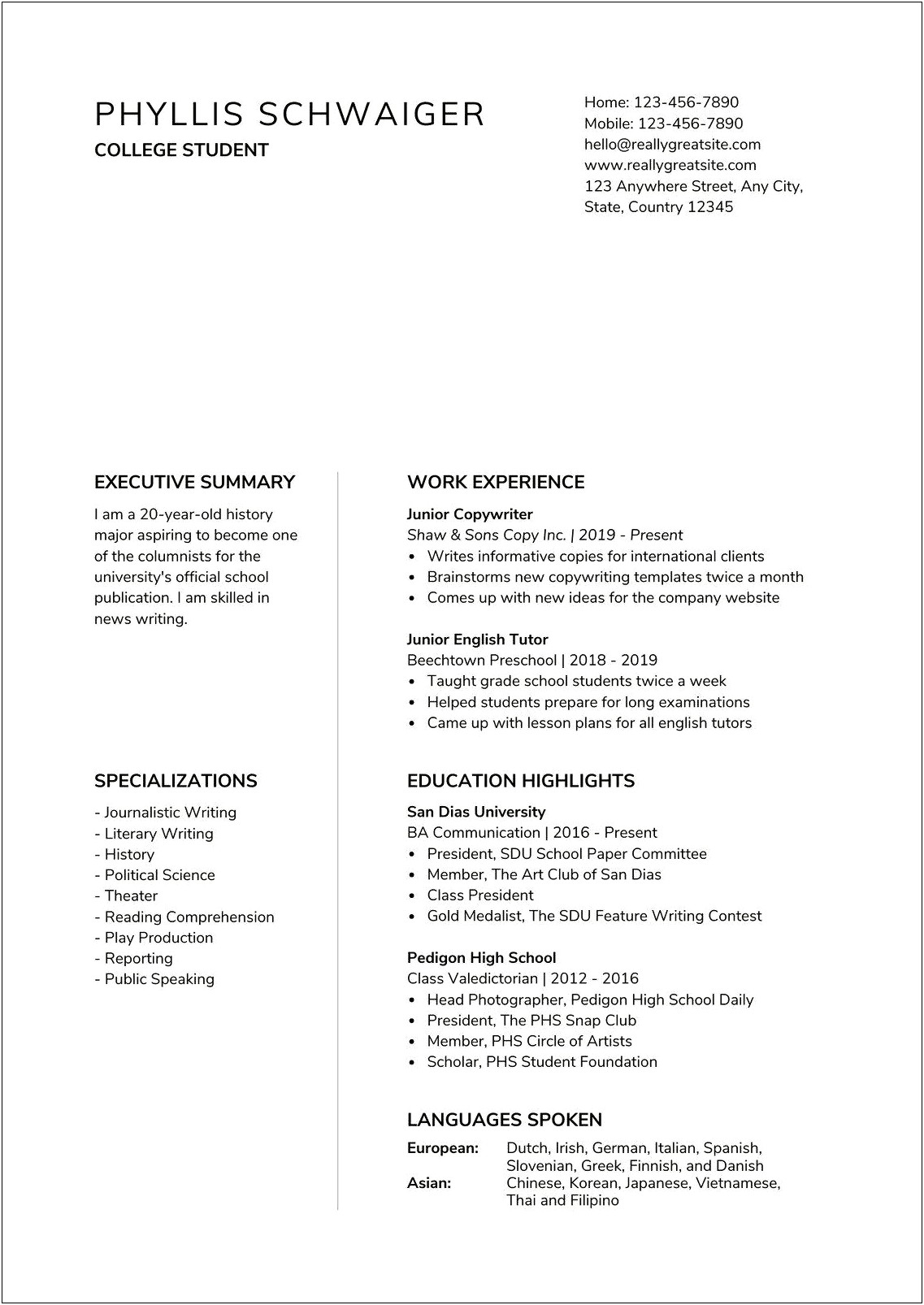 Professional Resume Template For College Students
