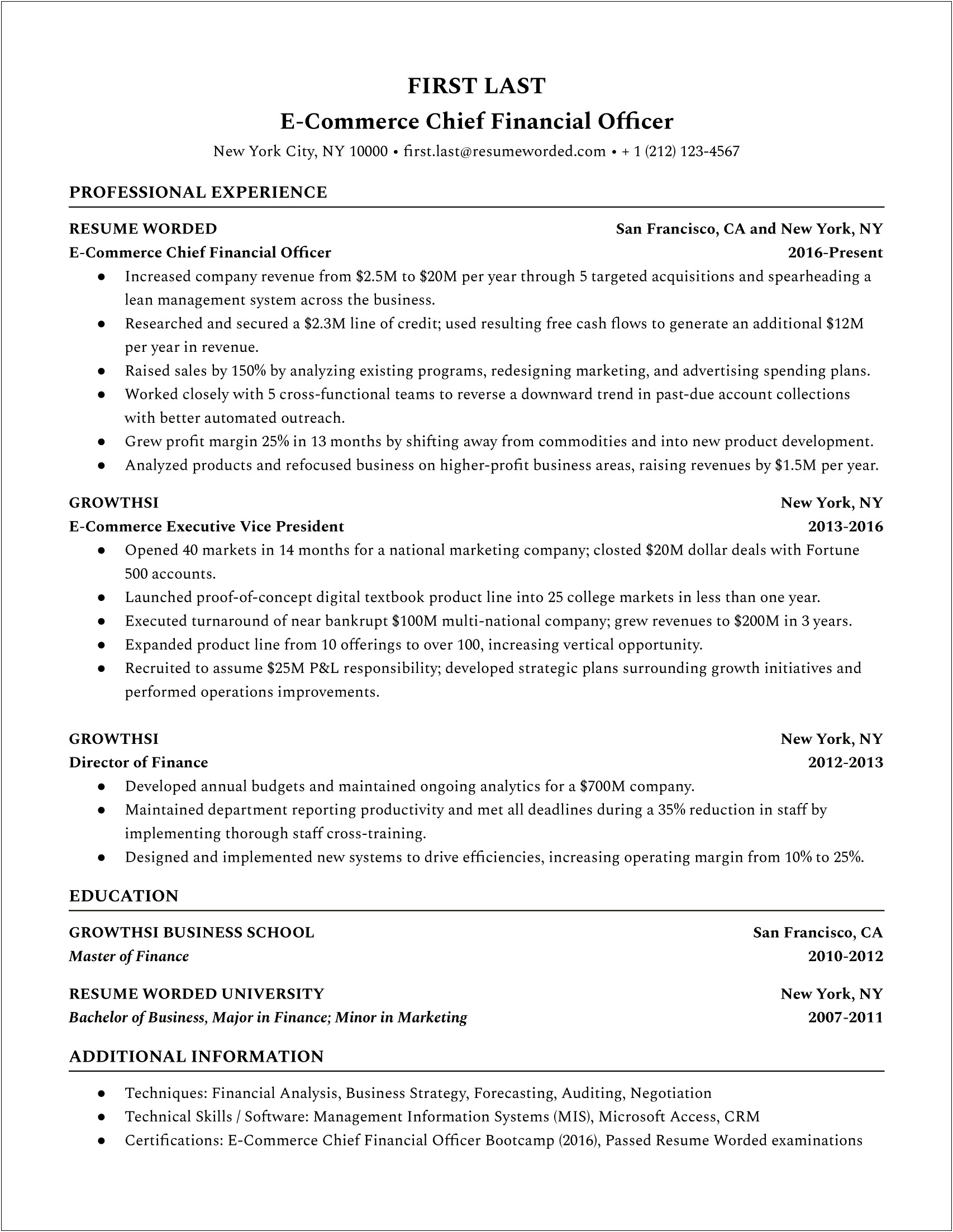 Professional Resume Template For Direct Of Finance