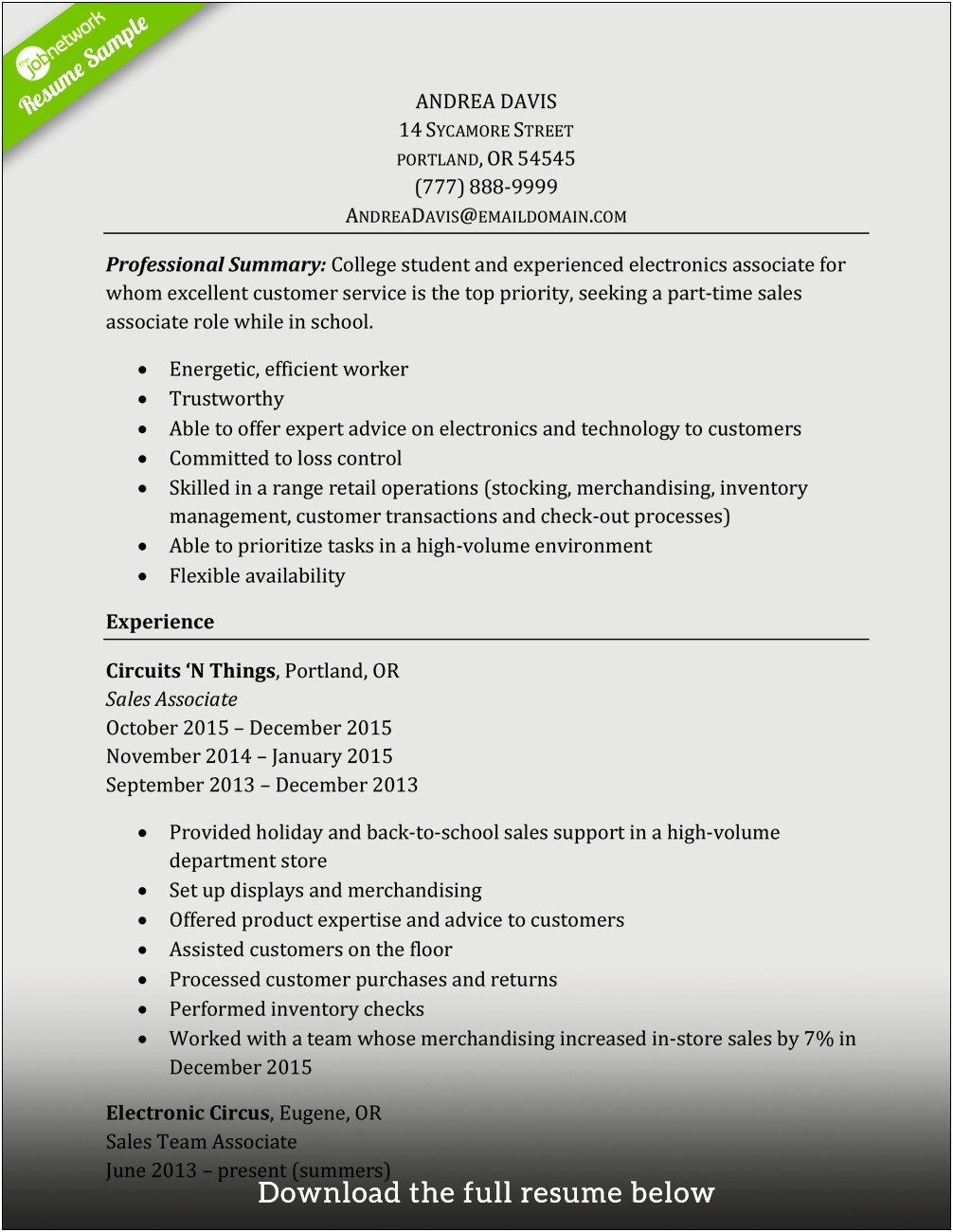 Professional Resume With Part Time Experience