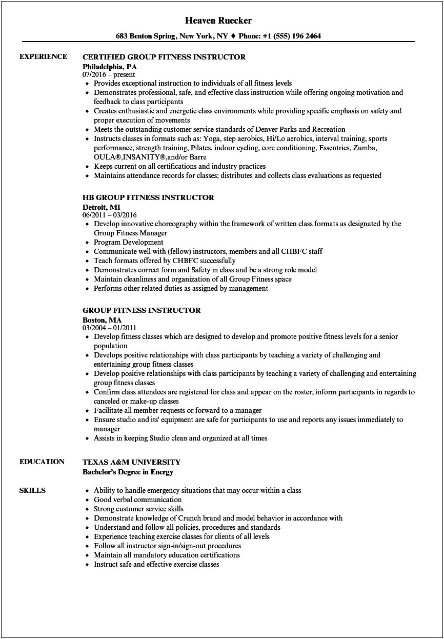 Professional Skills For Fitness Instructor Resume