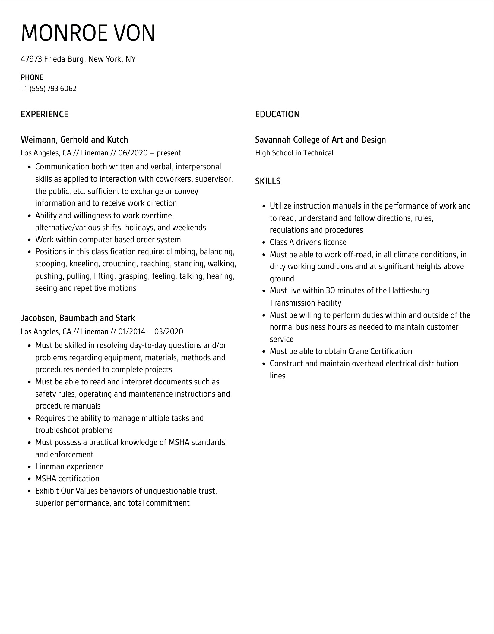 Professional Summary For A Lineman On Resume