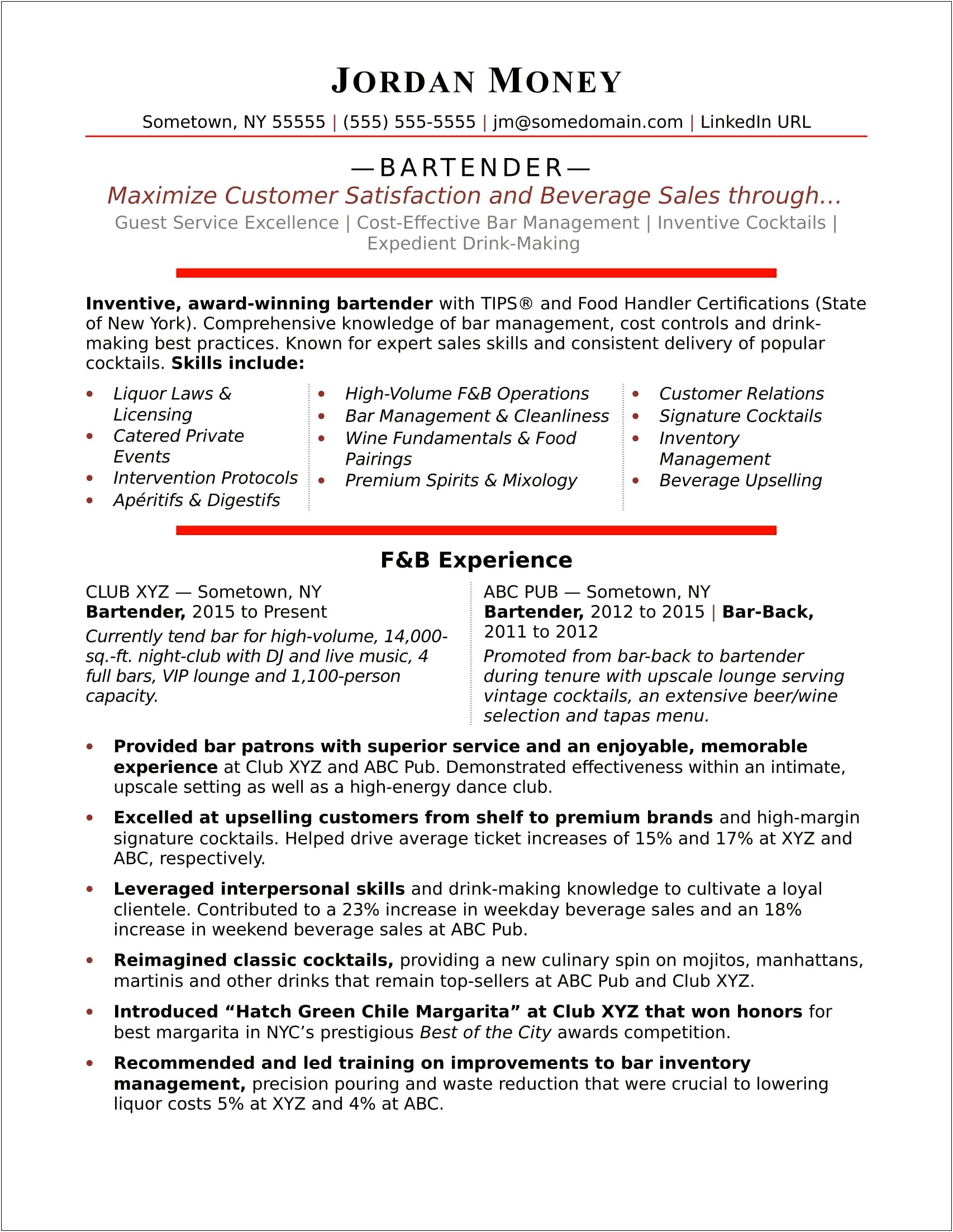 Professional Summary For Cocktail Server Resume