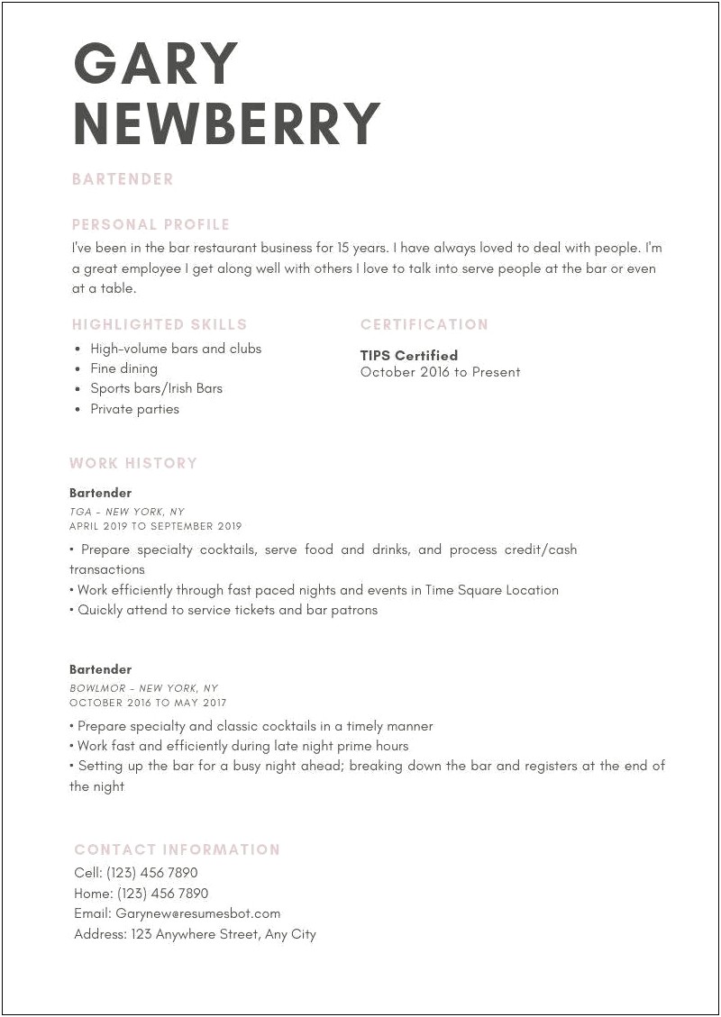 Professional Summary For Cocktail Serving Resume
