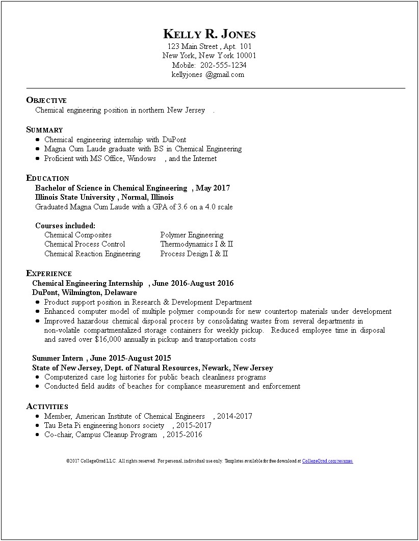 Professional Summary For Resume Chemical Engineering