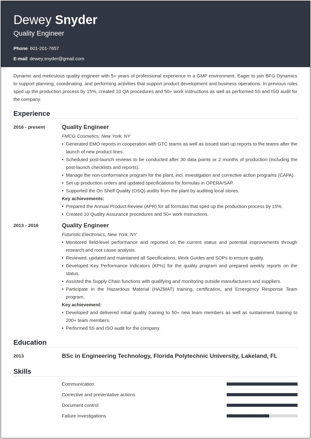 Professional Summary For Resume Examples Quality Engineer