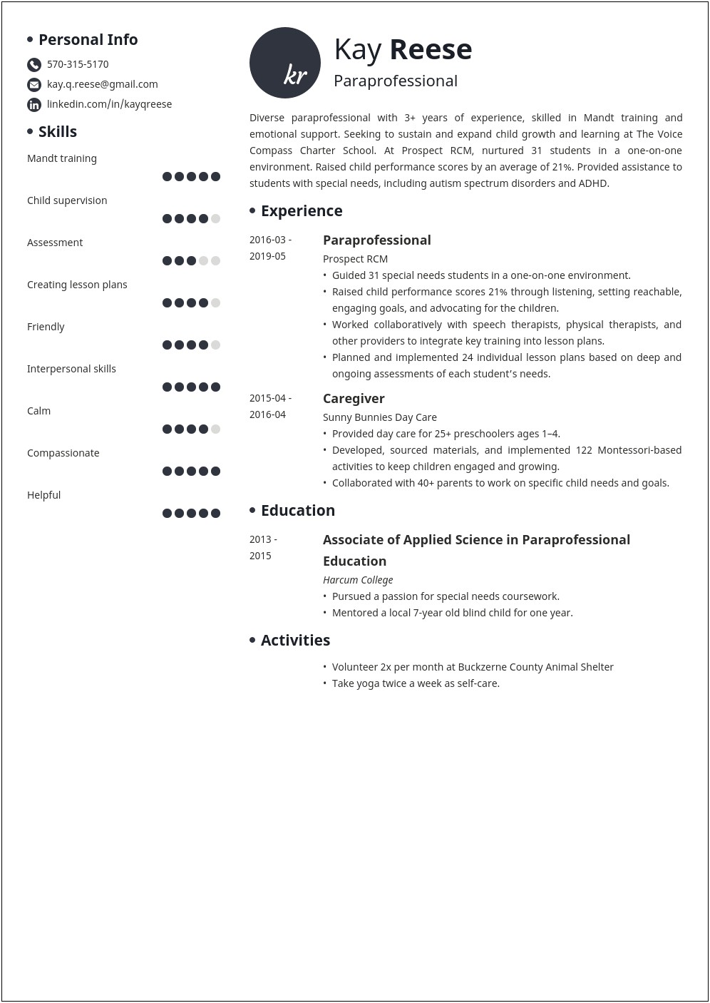 Professional Summary For Resume For Special Education Paraprofessional
