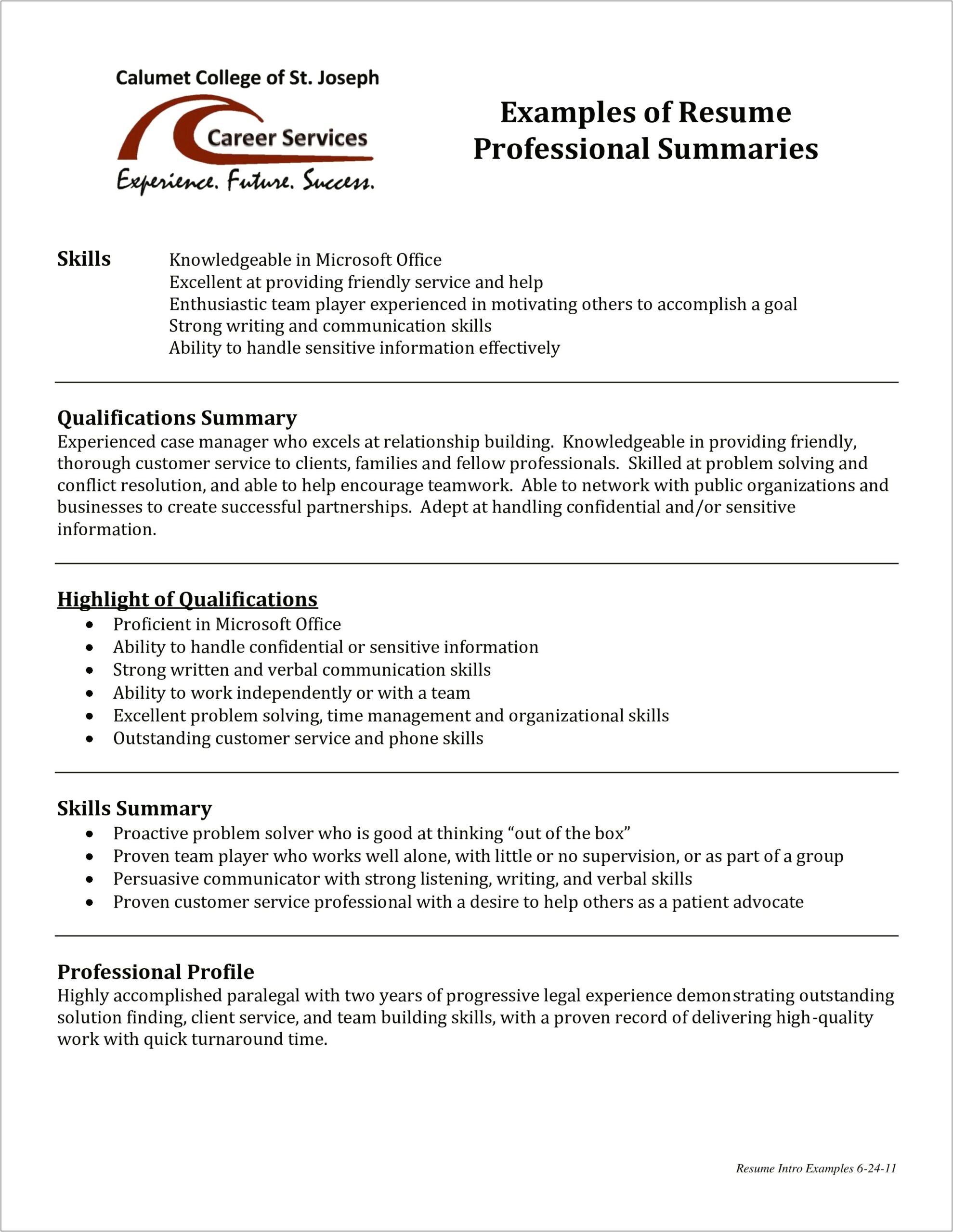 Professional Summary For Resume No Work Experience Examples