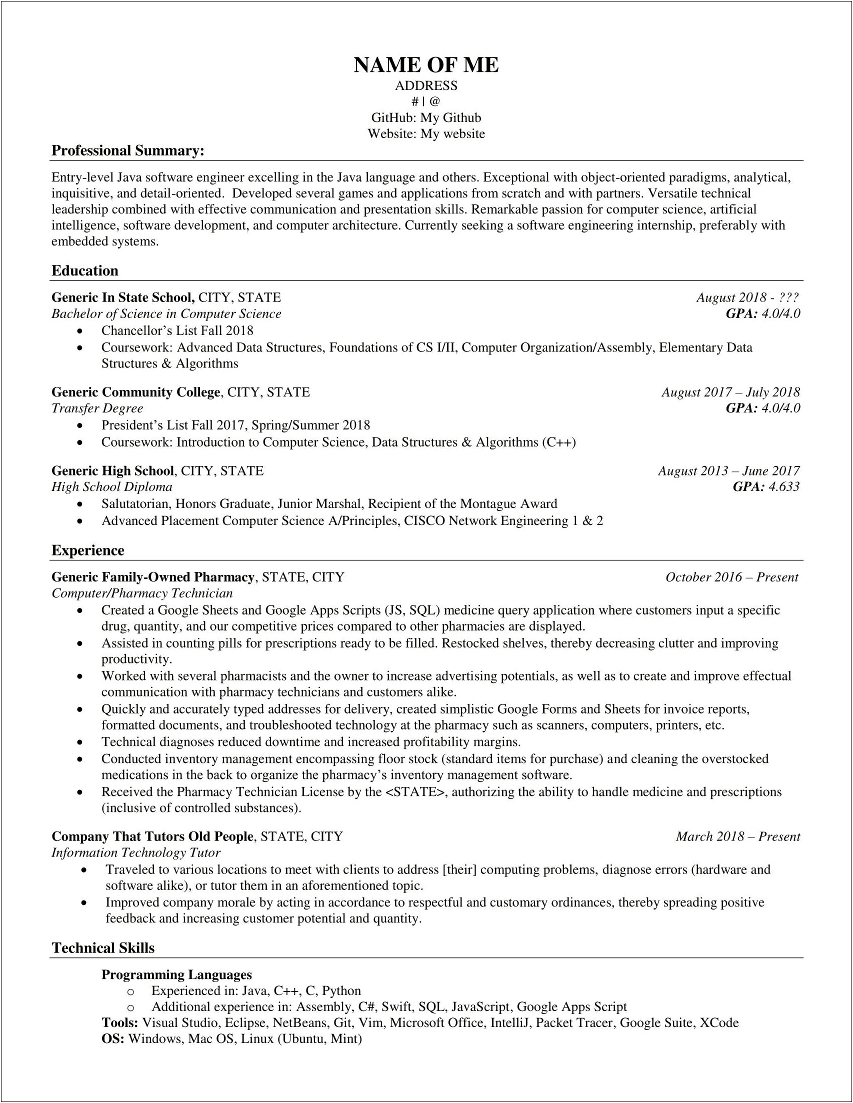 Professional Summary Objective Resume Cs Major