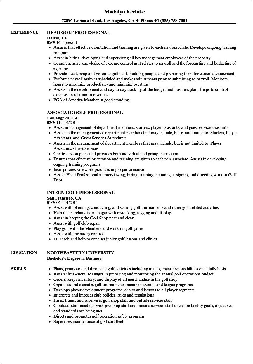 Professional Summary Resume Examples Golf Coach