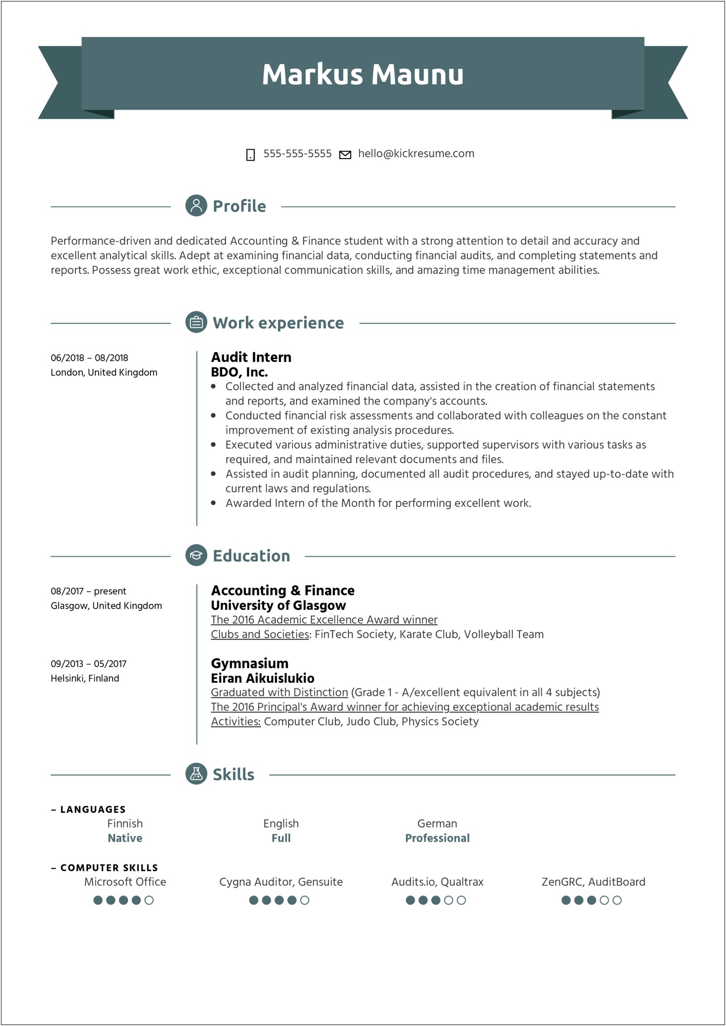 Professional Summary Resume For Internship Finance