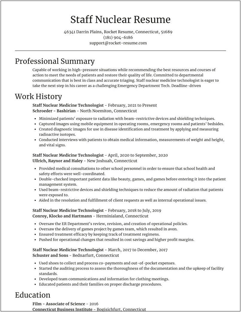 Professional Summary Resume For Nuclear Medicine Technologist