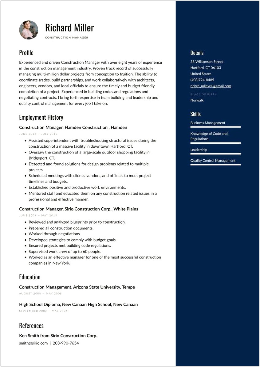 Professional Summary Resume Sample For Construction