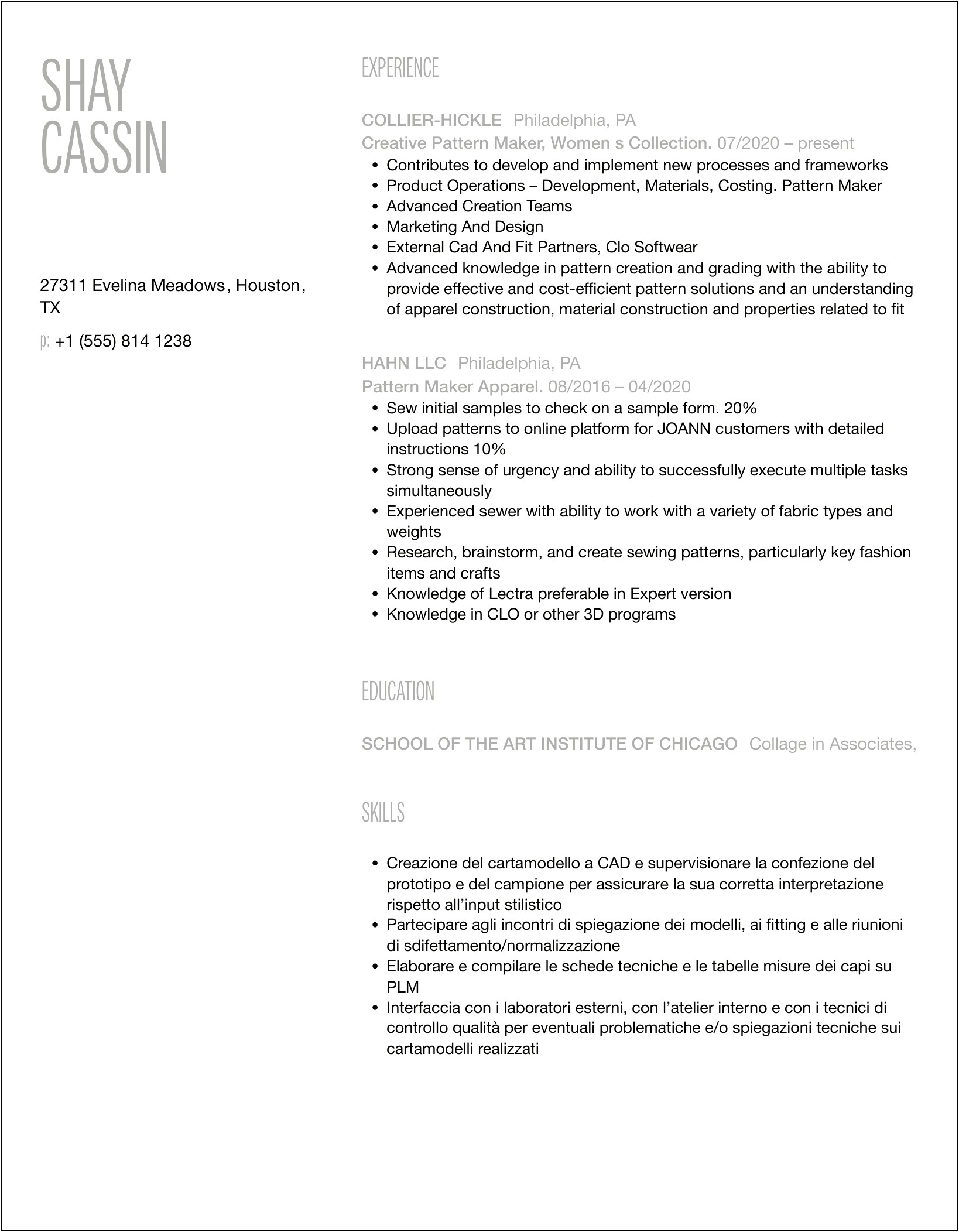 Professional Template For Pattern Maker Resume
