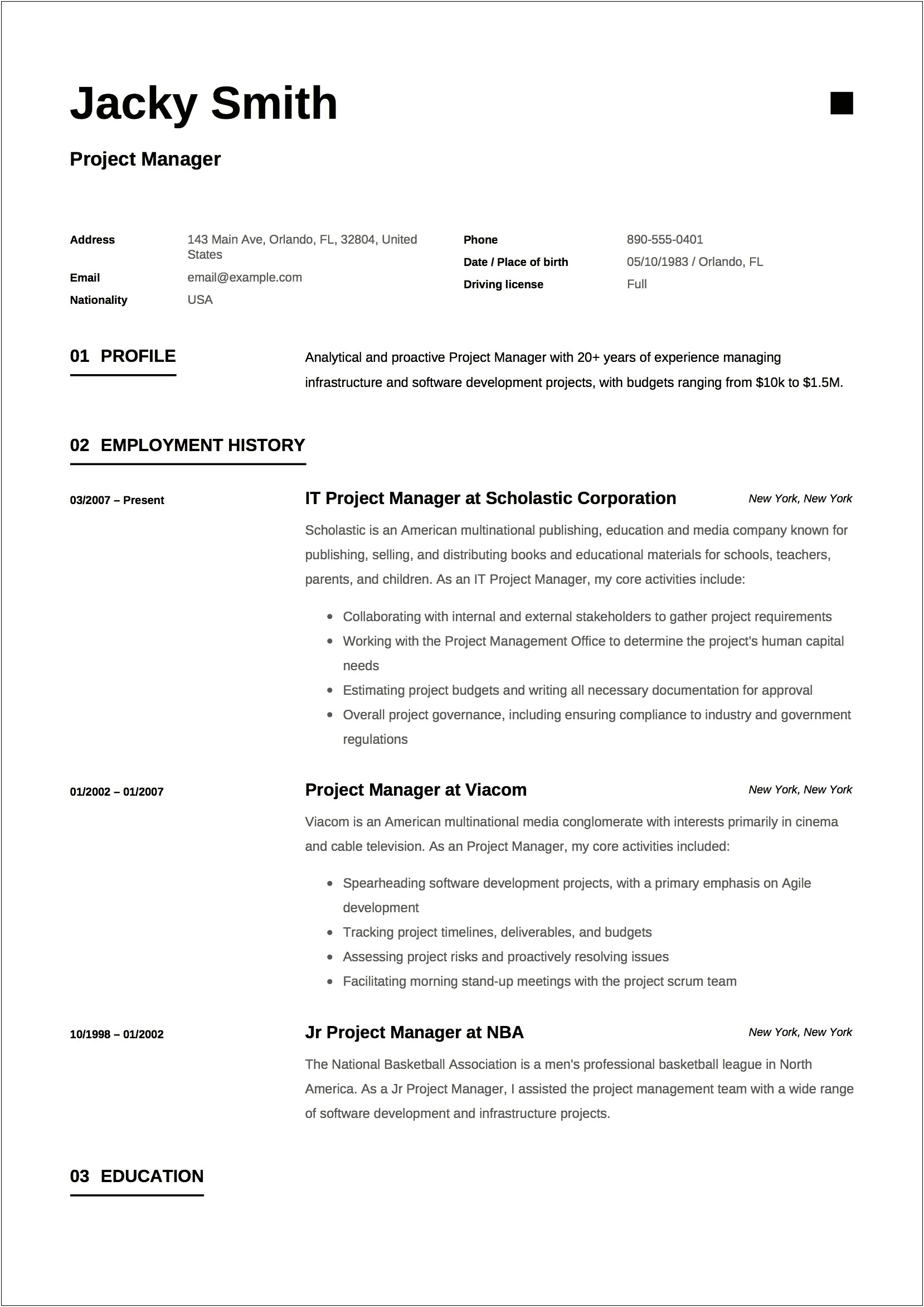 Profile Section Of Resume For Project Manager