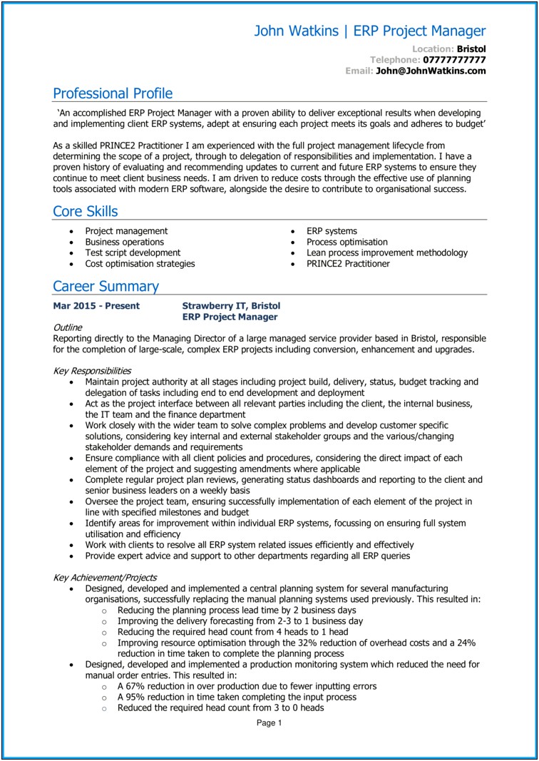 Profile Section Of Resume Project Manager