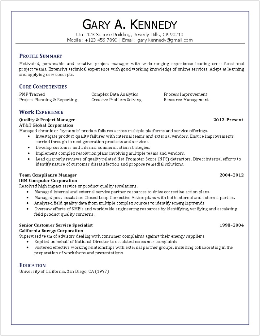 Profile Statement On Resume For Project Manager