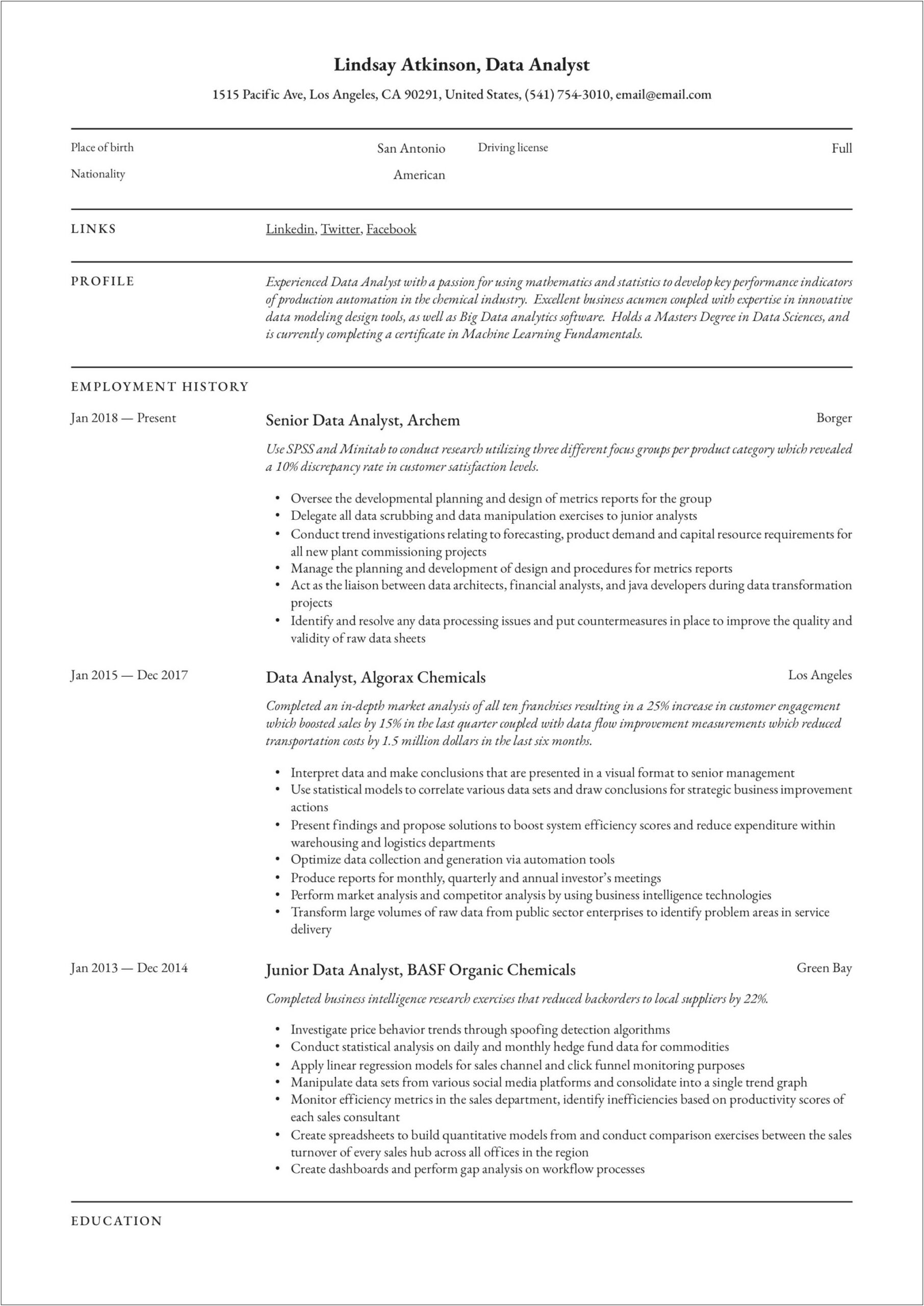 Profile Summary For Resume As An Data Analyst