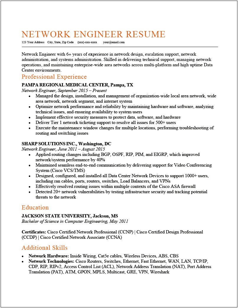 Profile Summary Resume For Junior Network Engineer
