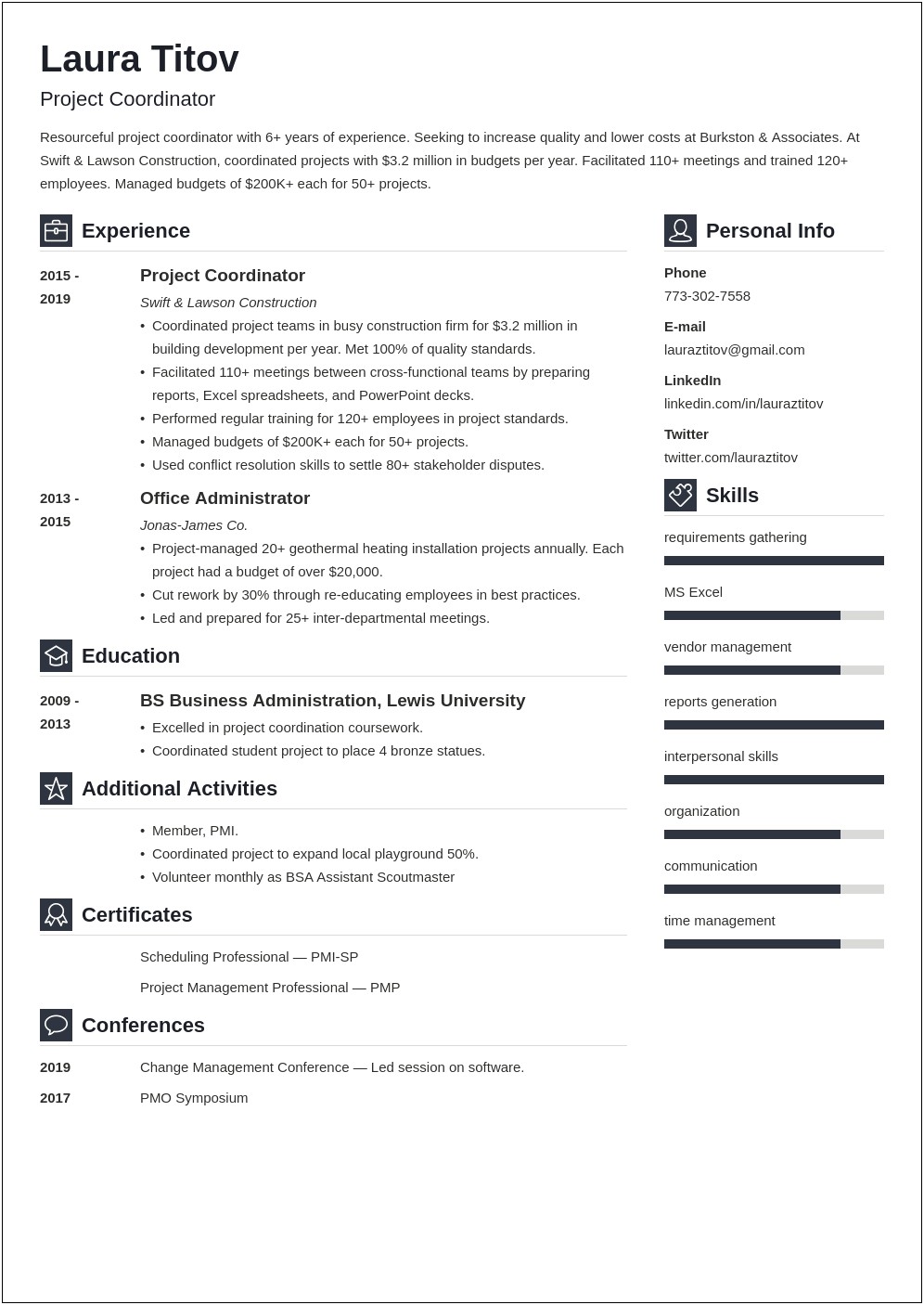 Project Coordination Time Management Resume Skills