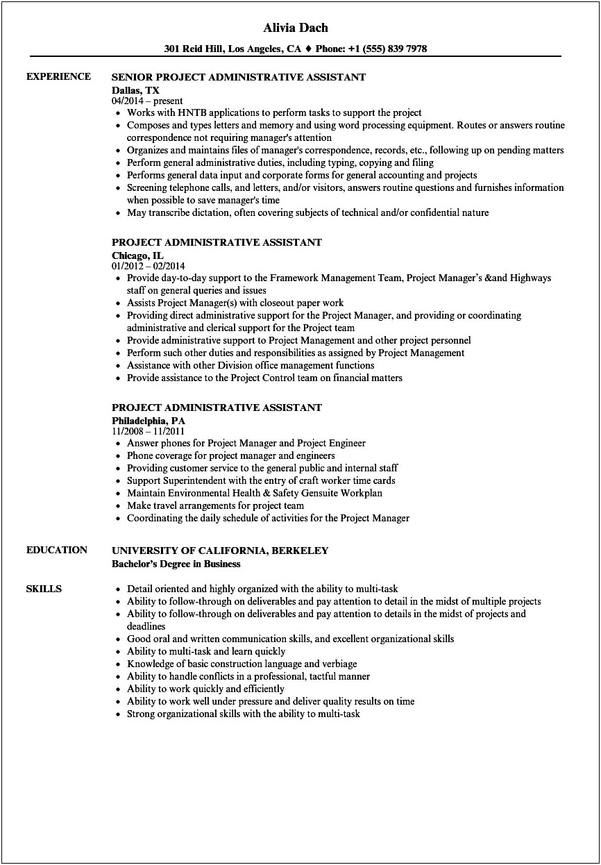 Project Management Expierence For Executive Assistant Resume Examples