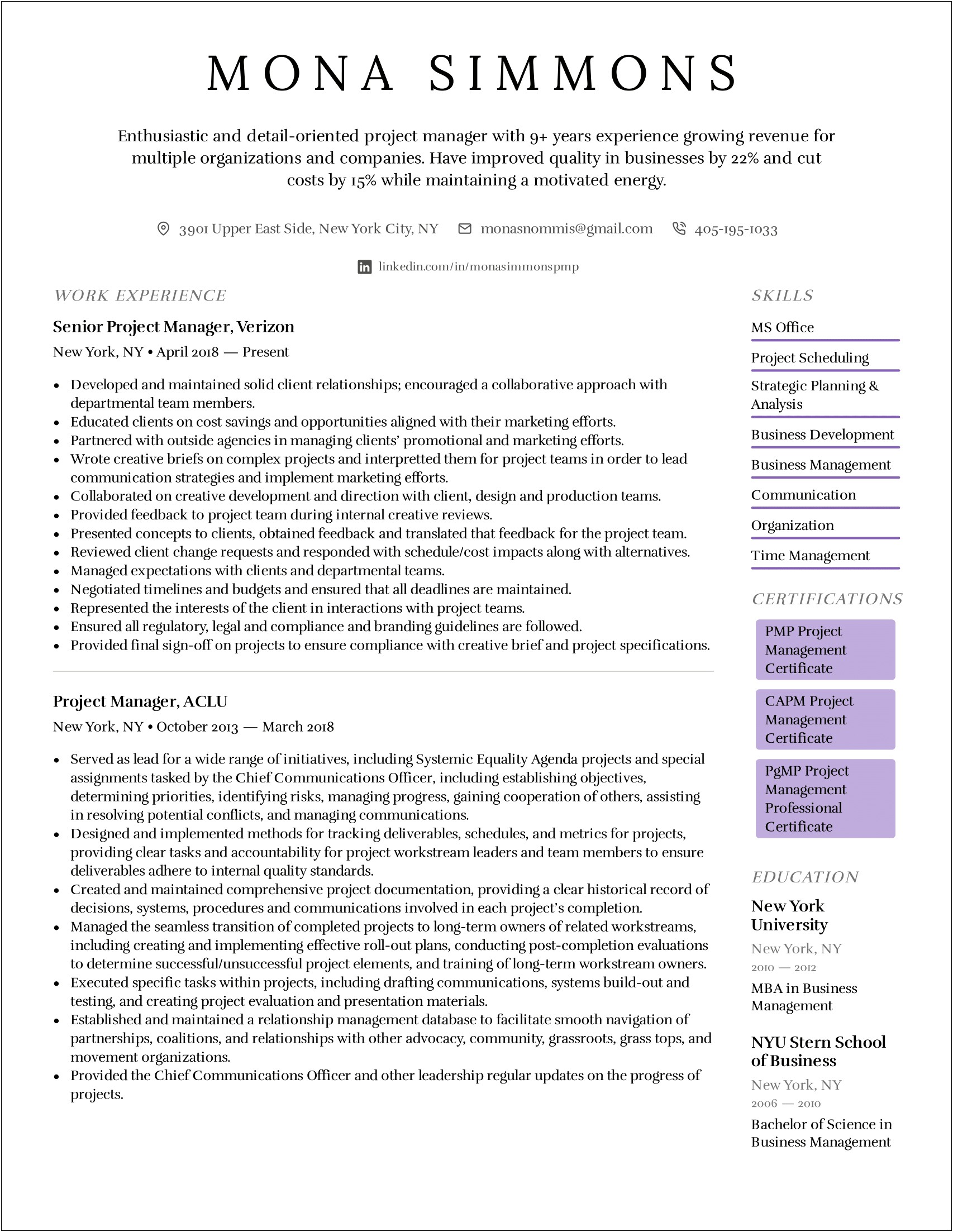 Project Management In Blurb In Resume