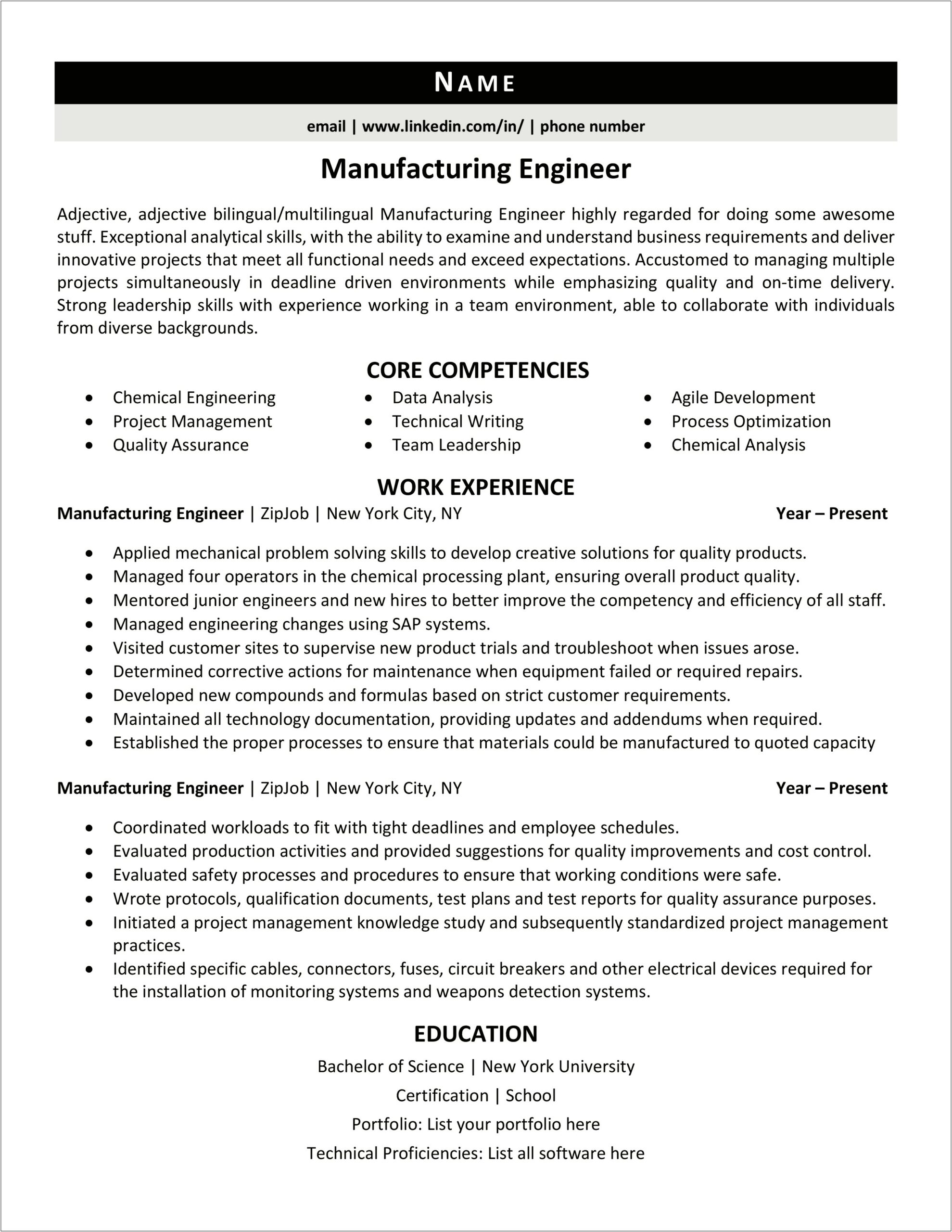 Project Management In Industrial Engineering Resume